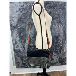 Fossil Fiona Crossbody Bag Black White Brown Adjustable Strap 11X9 Purse